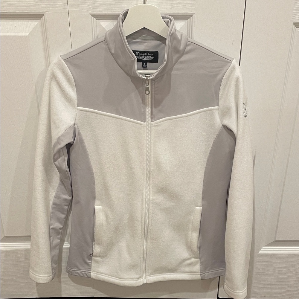 Straight Down White and Gray Fleece Zip-Up Jacket